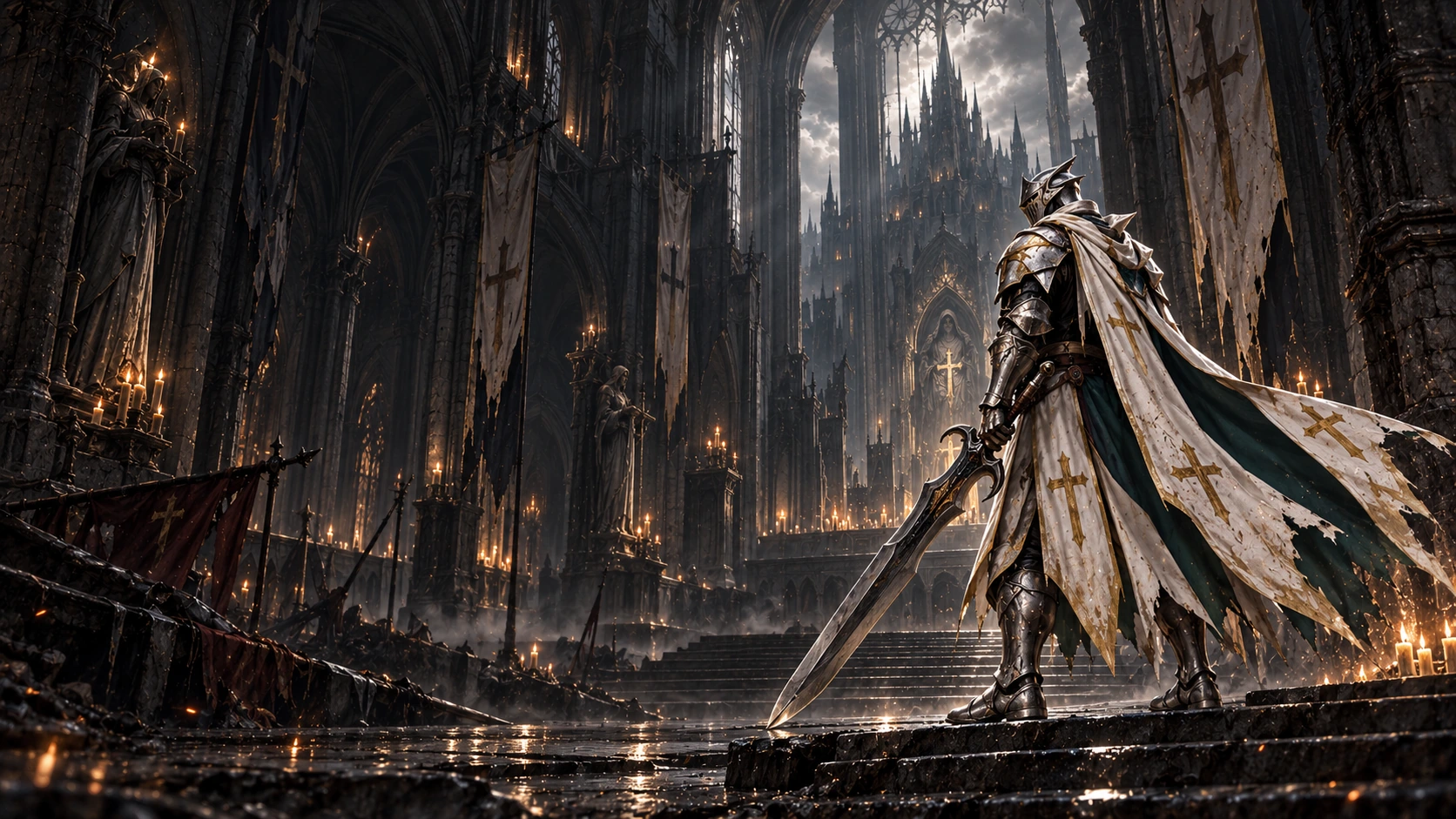 Original artwork of the ivory-cloaked knight at a candlelit cathedral threshold
